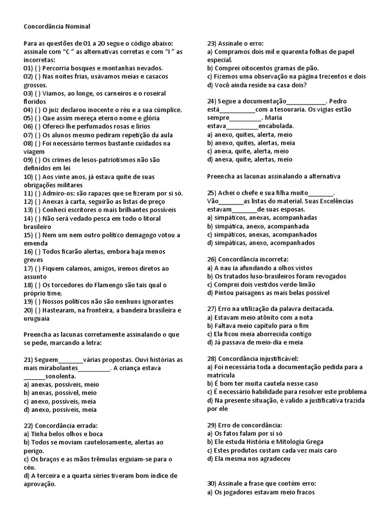 Exercícios de Concordância Nominal | PDF