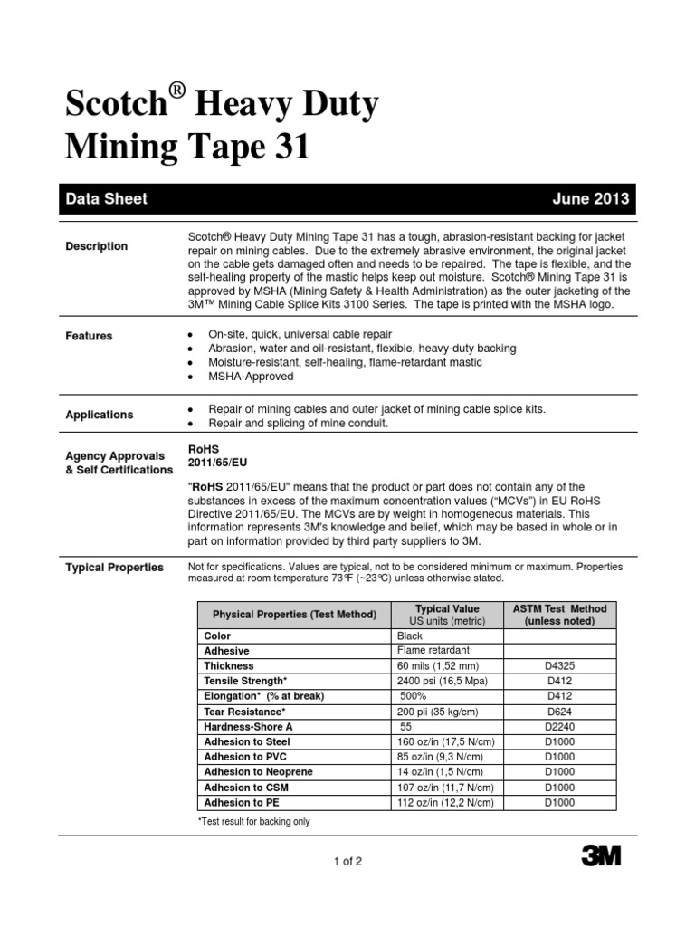 Scotch Heavy Duty Mining Tape 31 Data Sheet June 2013 PDF