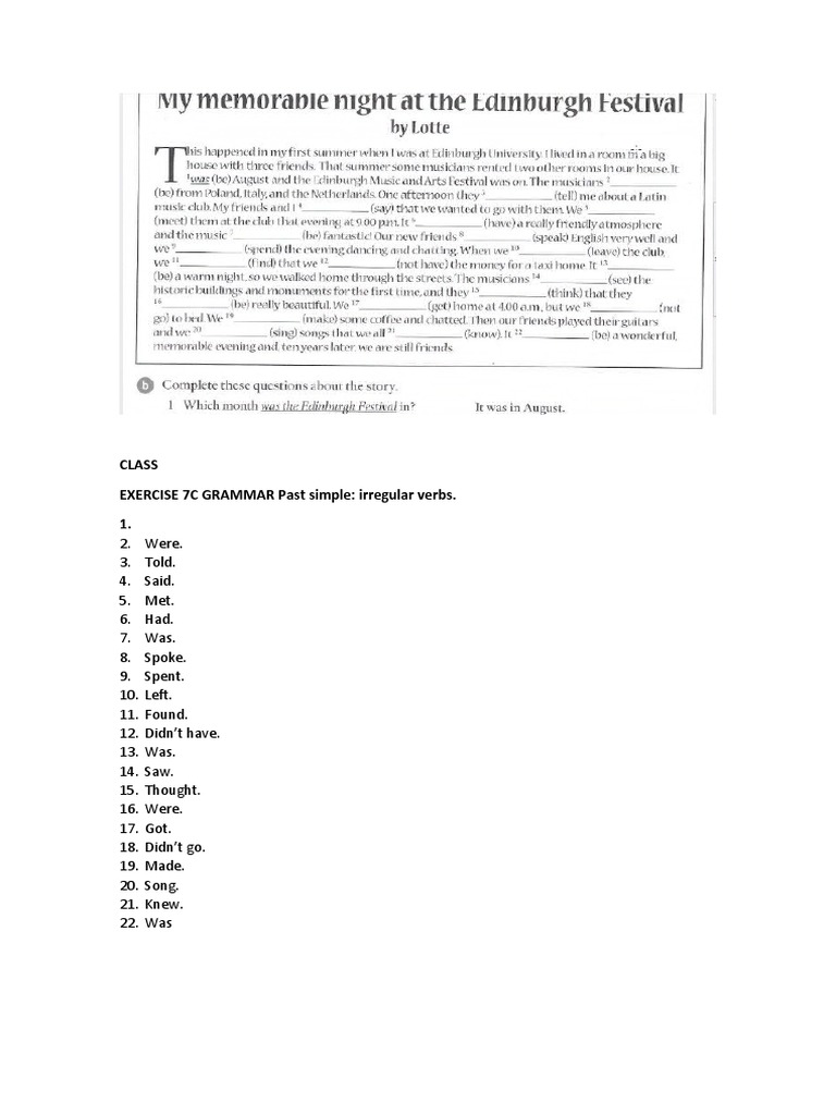Class EXERCISE 7C GRAMMAR Past Simple: Irregular Verbs. 1 | PDF