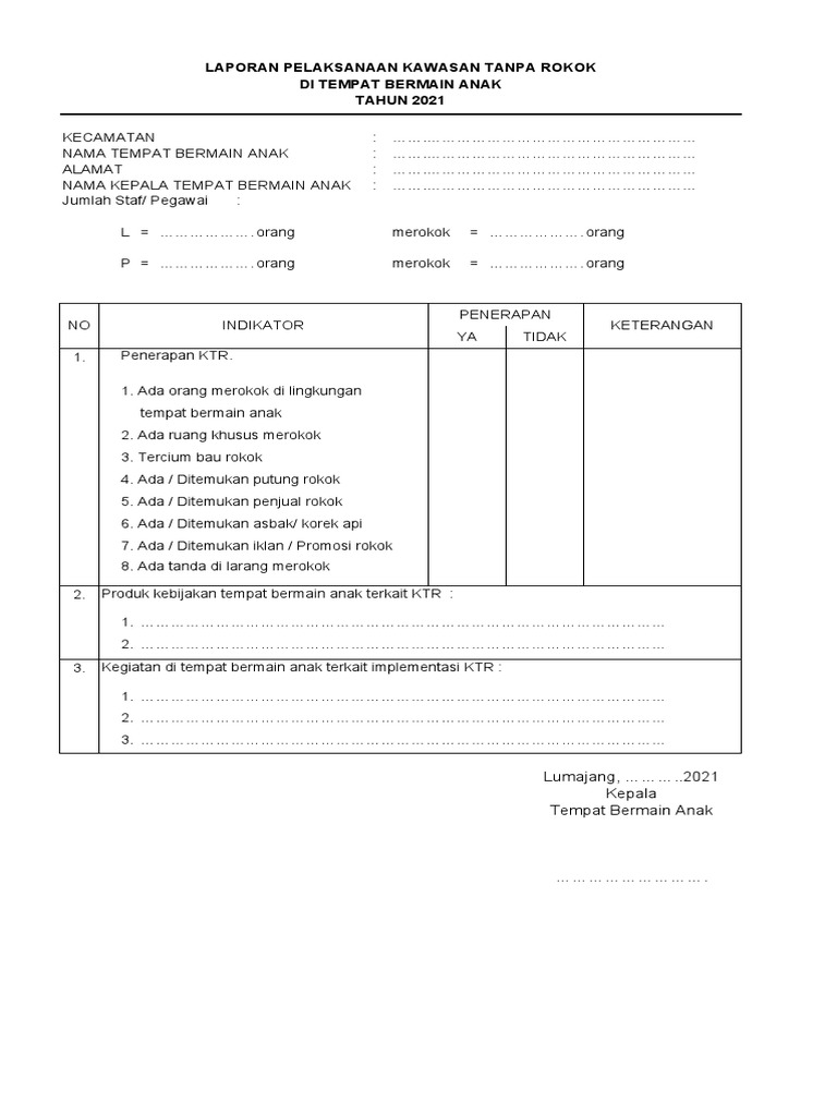 Format Laporan Kawasan Tanpa Rokok KB TK SD SMP .............. | PDF