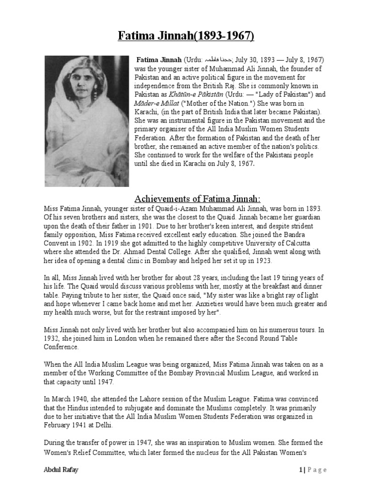 When was fatima jinnah born and died picture