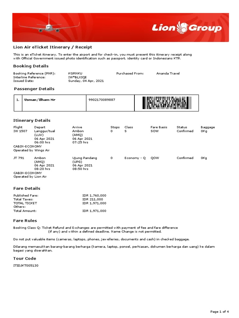 Lion Air Domestic Flight Itinerary from Langgur, Tual to Ujung Pandang