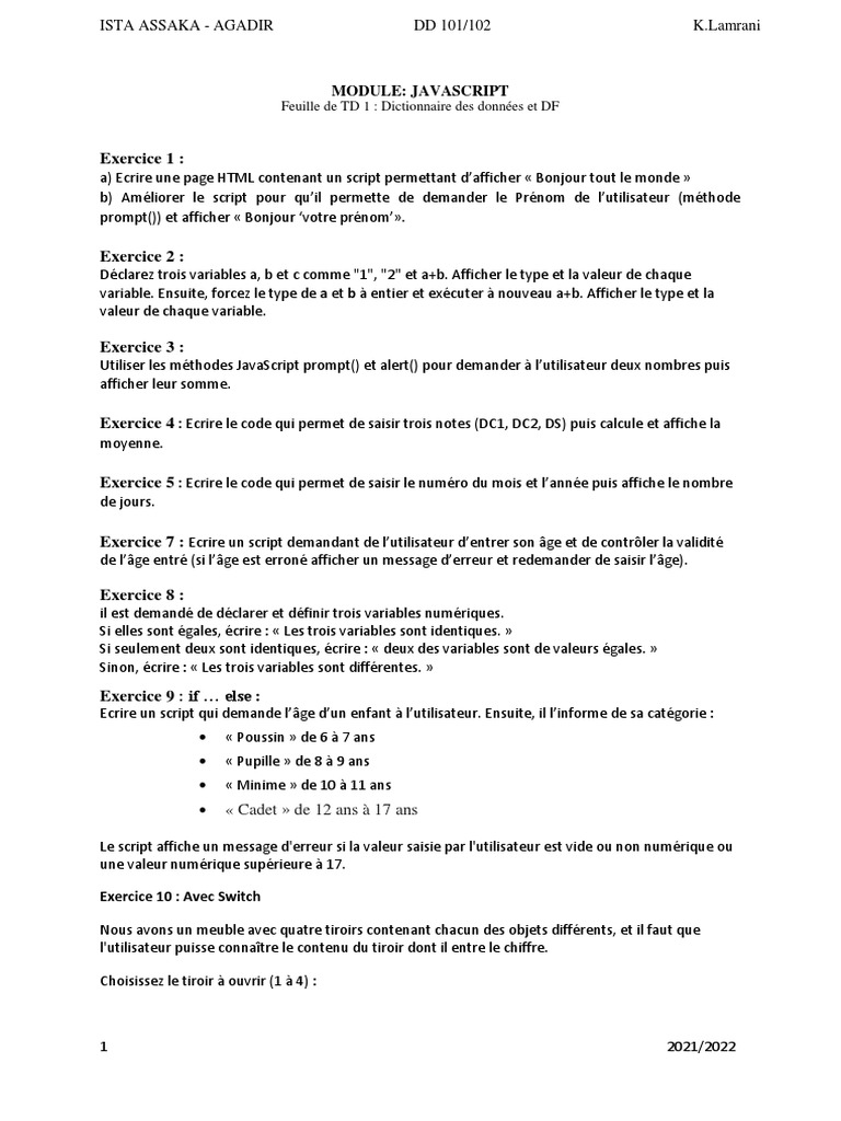 Exercices Pratiques en JavaScript 2021 | PDF | JavaScript ...