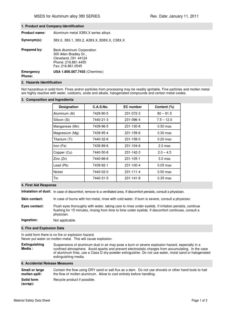 Aluminum A380 MSDS Sheet PDF Magnesium Aluminium