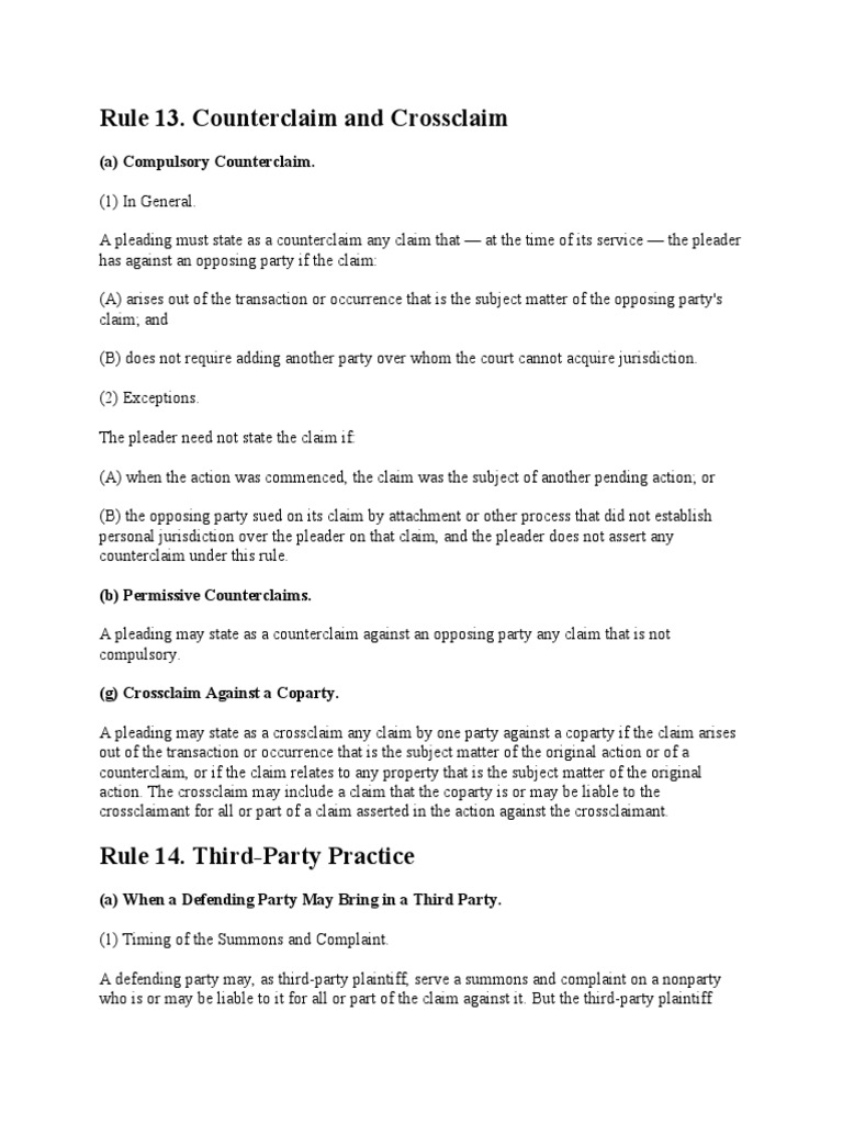 Rule 13. Counterclaim and Crossclaim PDF Lawsuit Joinder