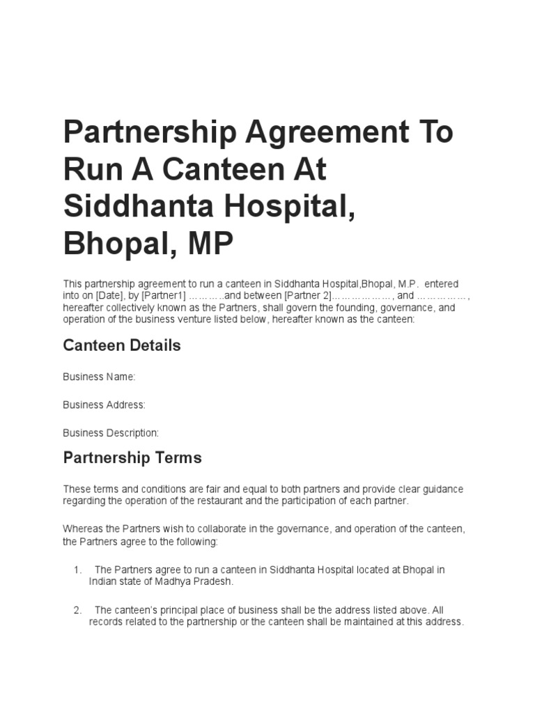 Partnership Agreement To Run A Canteen at Siddhanta Hospital PDF