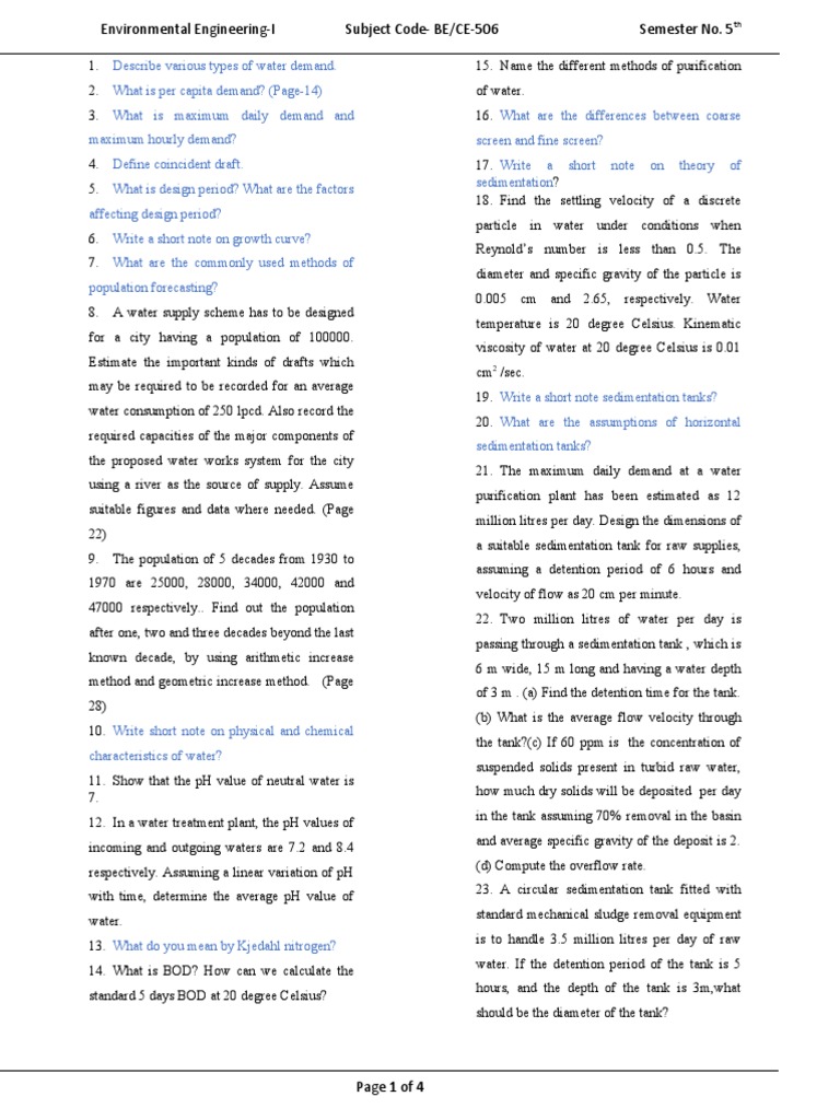 Environment Engg Question Bank PDF Water Water Purification