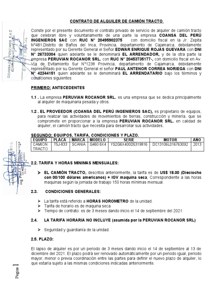Contrato de Alquiler de Camión Tracto