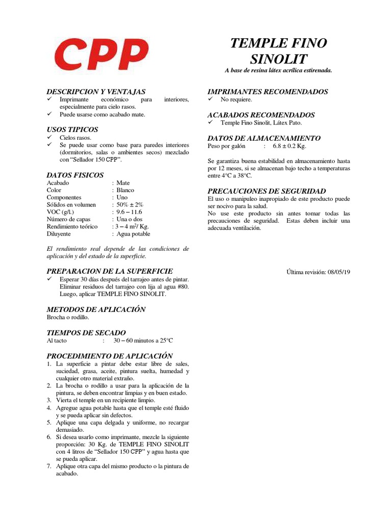 Pinturas CPP Bases Temple Fino Sinolit Ficha Tecnica PDF Pintar Agua