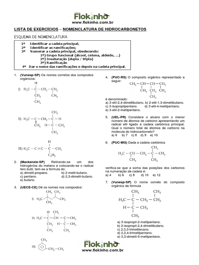 Exercícios de Nomenclatura de Hidrocarbonetos | PDF | Alcano | Carbono
