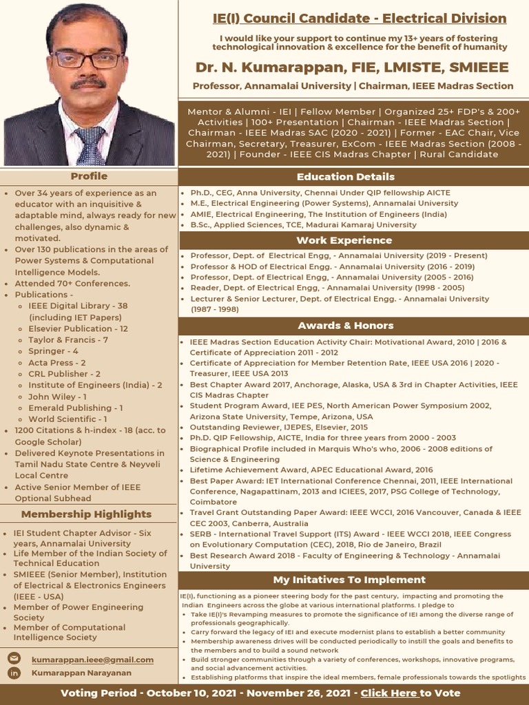Dr. N. Kumarappan IE (I) Council Candidate - Electrical Division 