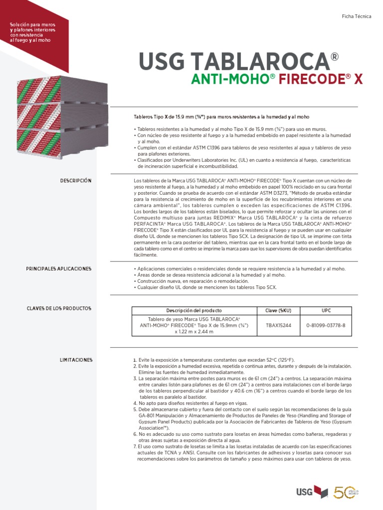 Paneles de yeso marca Tablaroca® Anti Moho