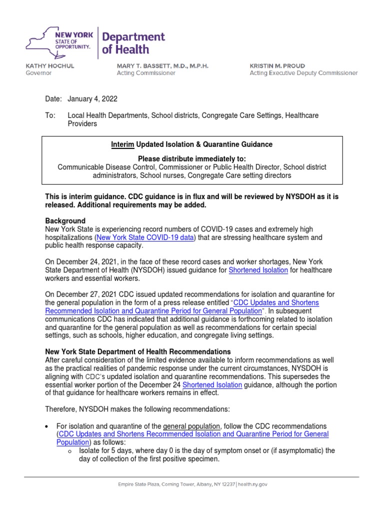 Nys Updated Isolation Quarantine Guidance 01042022 PDF Health Care