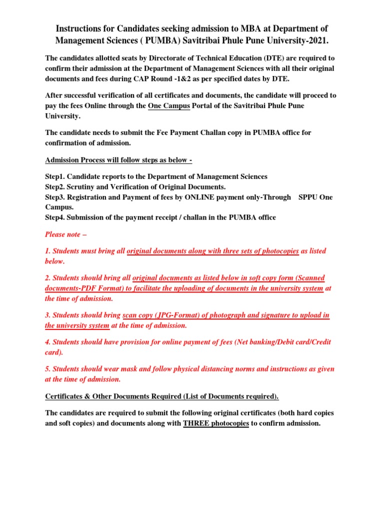 MBA Admission Guide 2021 - PUMBA | PDF | Payments