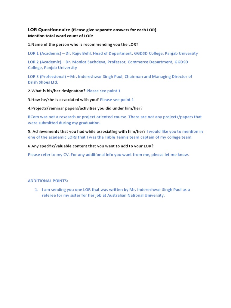 LOR Questionnaire: (Please Give Separate Answers For Each LOR) Mention ...