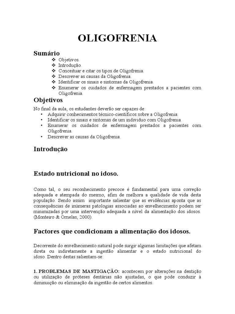 Oligofrenia: Causas e Sintomas | PDF | Alimentos | Carne