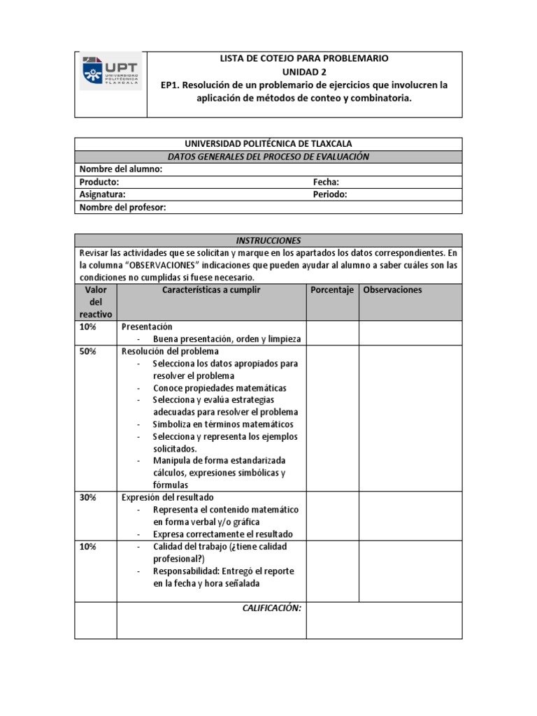 EP1 Lista de Cotejo para Problemario | PDF