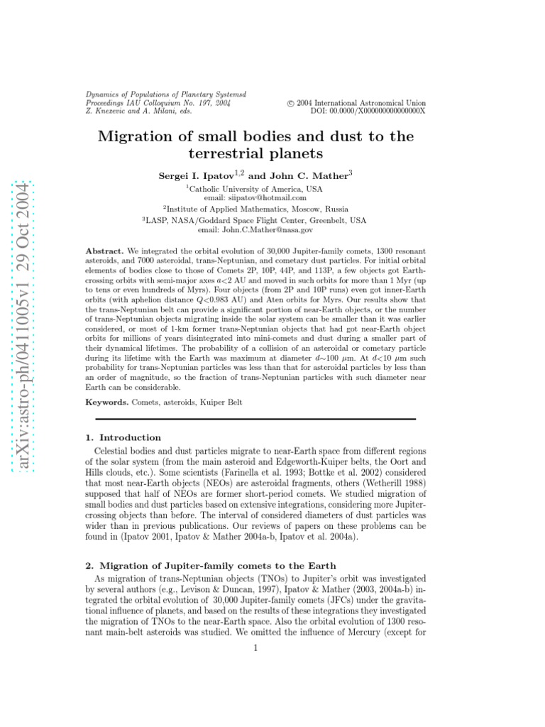 Migration of Small Bodies and Dust To The Terrestrial Planets | PDF ...
