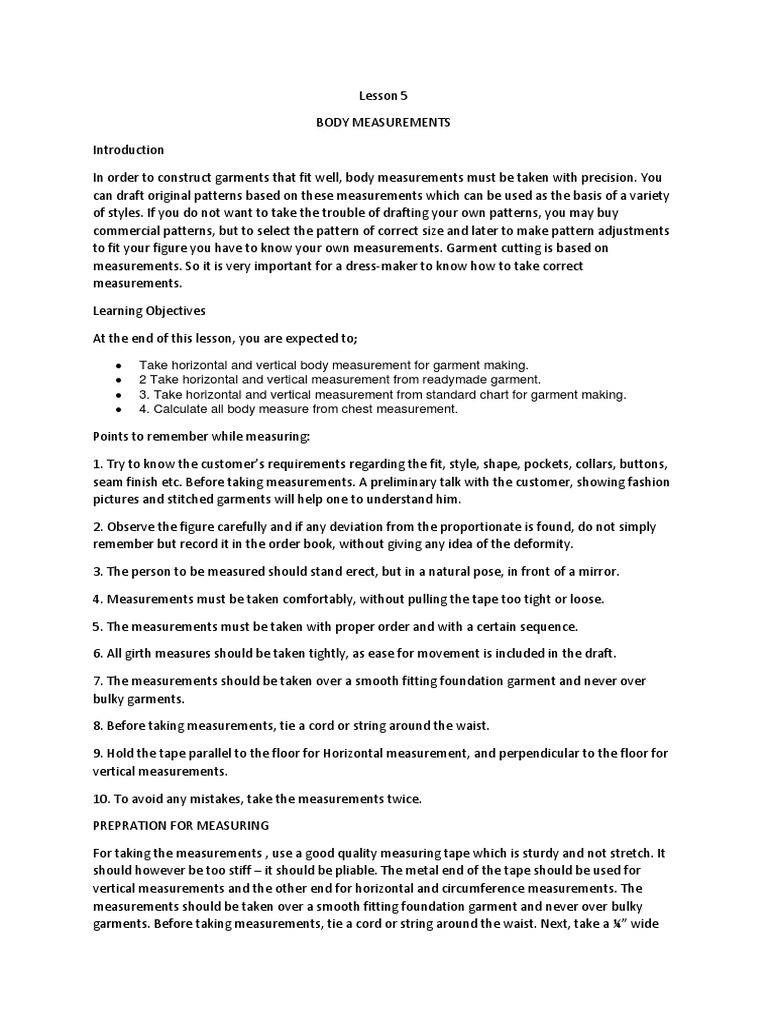 Lesson 5 Clothing Construction PDF Waist Arm