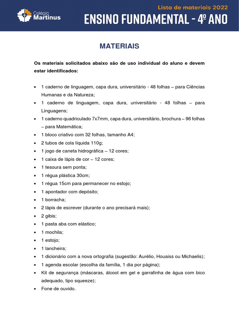 Lista de Materiais para 4º Ano | PDF | Casa e Jardim