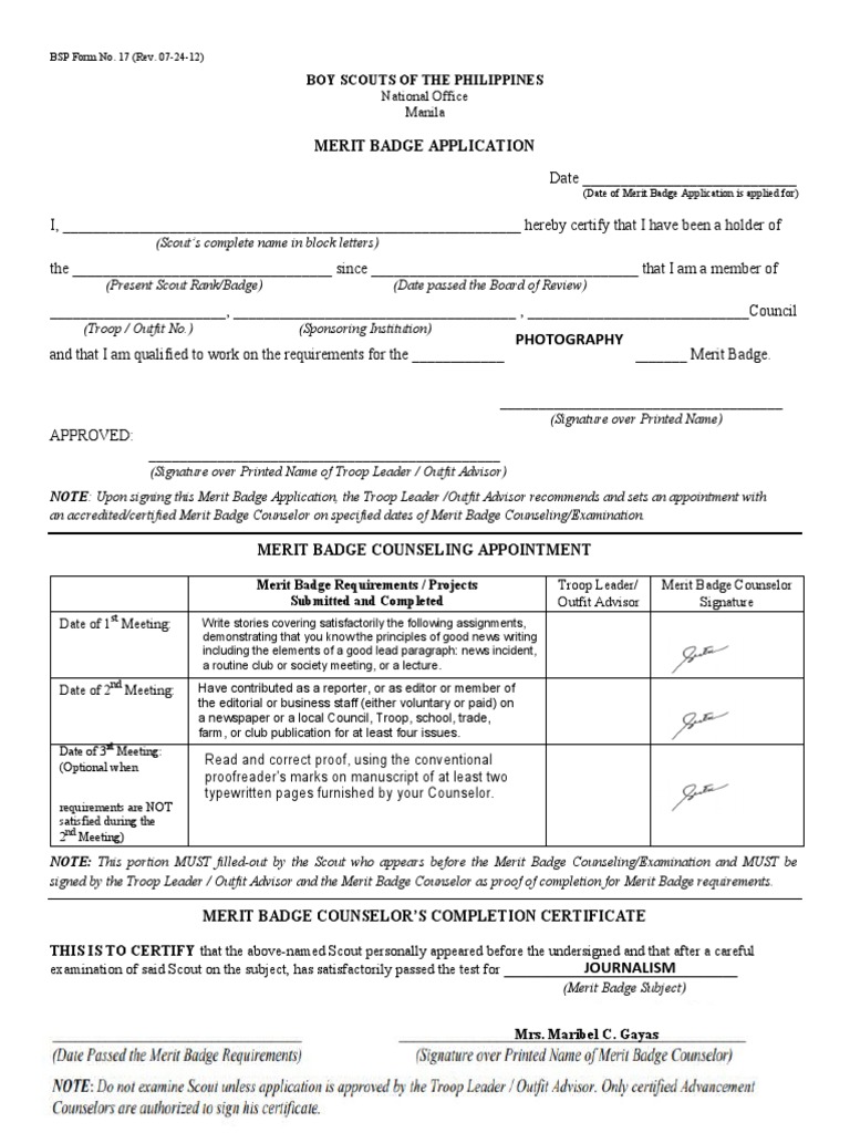 Merit Badge Application: Boy Scouts of The Philippines | PDF