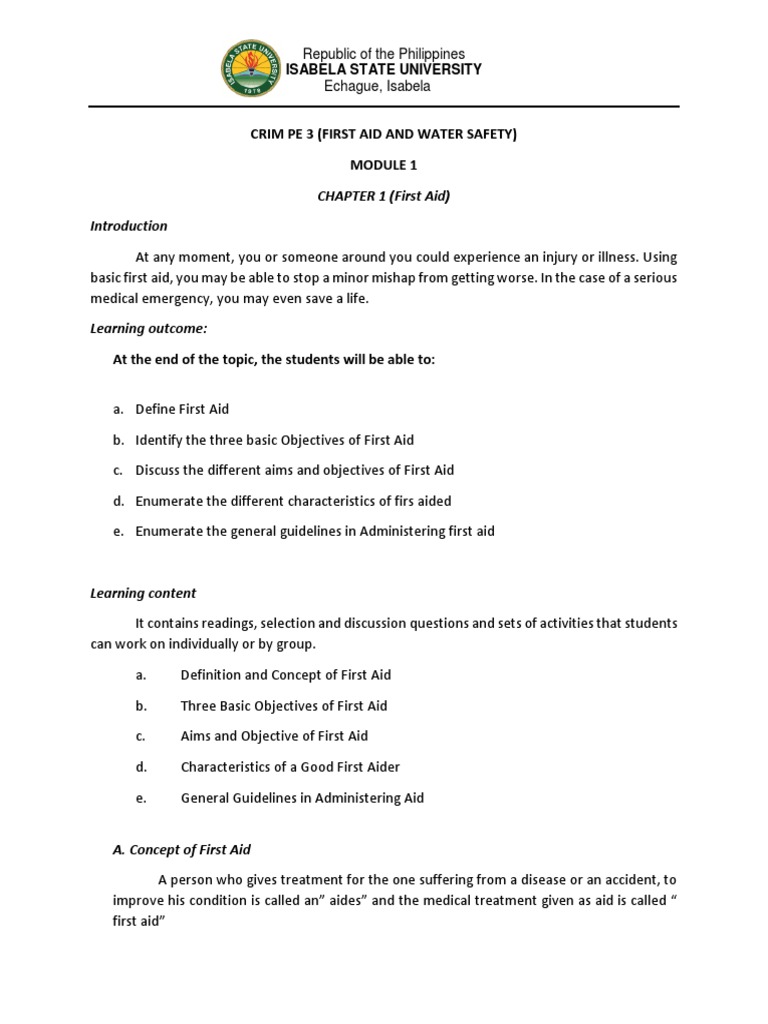 Crim Pe 3 (First Aid and Water Safety) PDF First Aid