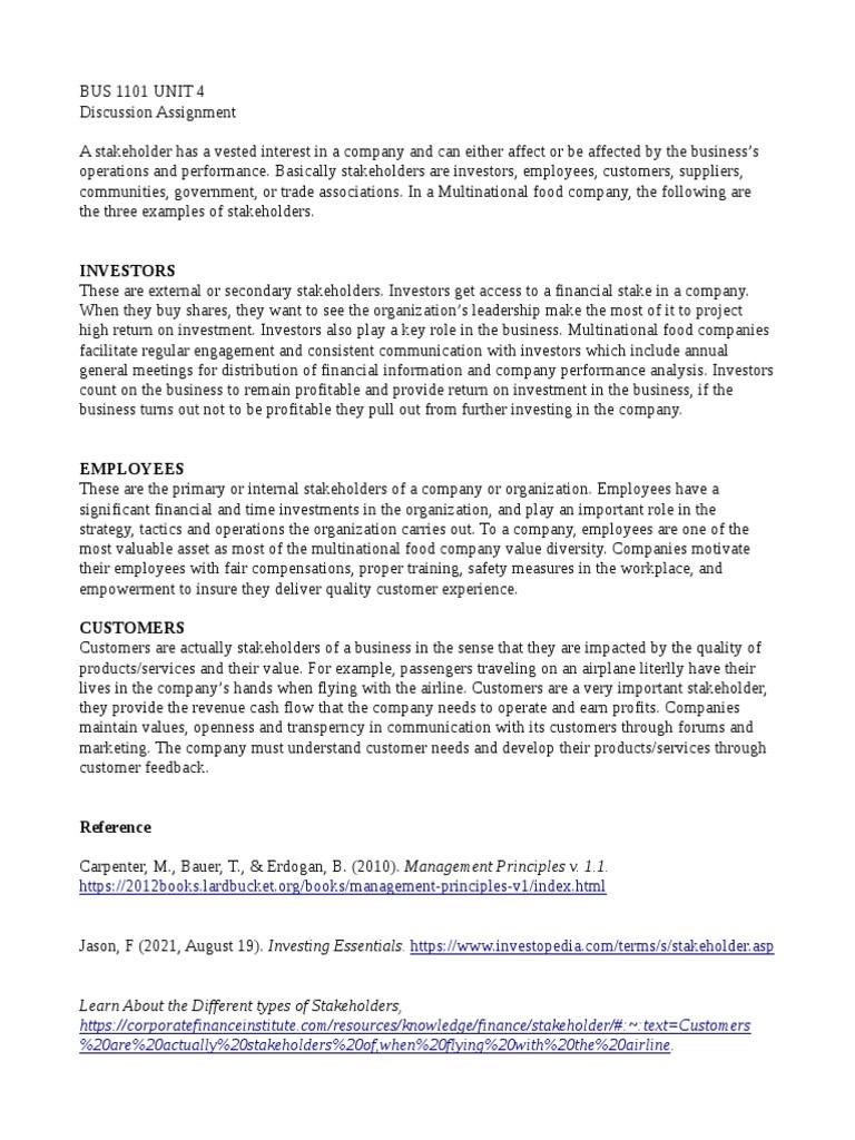 BUS 1101 Discussion Assignment Unit 4 | PDF | Investor | Investing