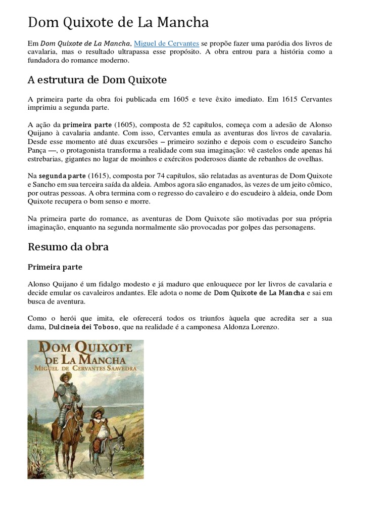 Resumo de Dom Quixote de La Mancha | PDF | Dom Quixote