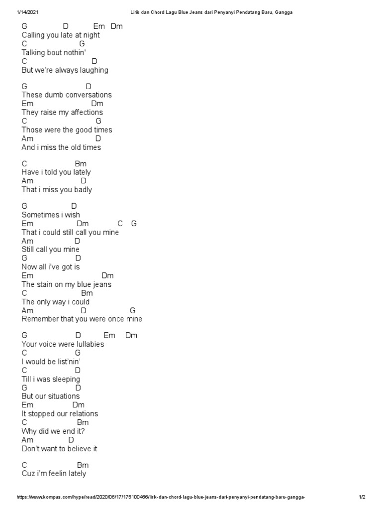 Lirik Dan Chord Lagu Blue Jeans Dari Penyanyi Pendatang Baru, Gangga PDF