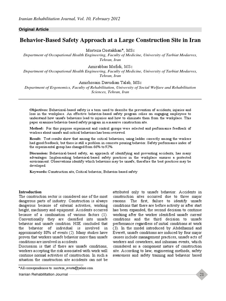 Behavior Based Safety Approach At A Large Construction Site In Iran