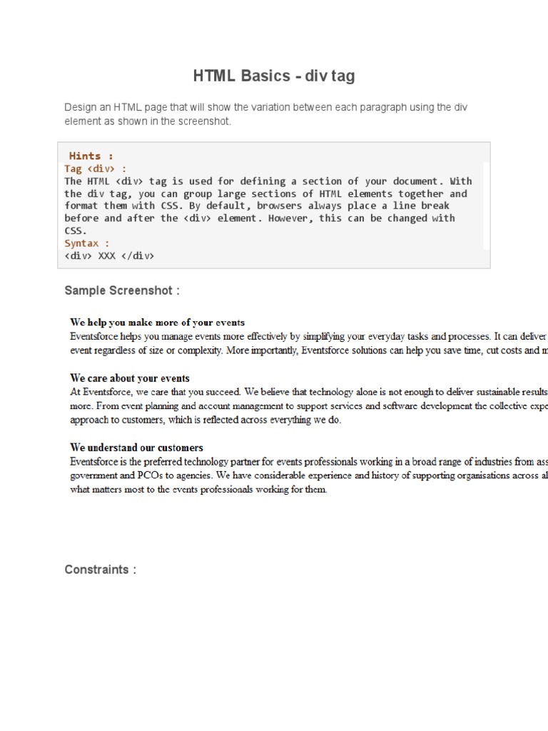 HTML Basics - Div Tag: Hints | Descargar gratis PDF | Html Element | Html