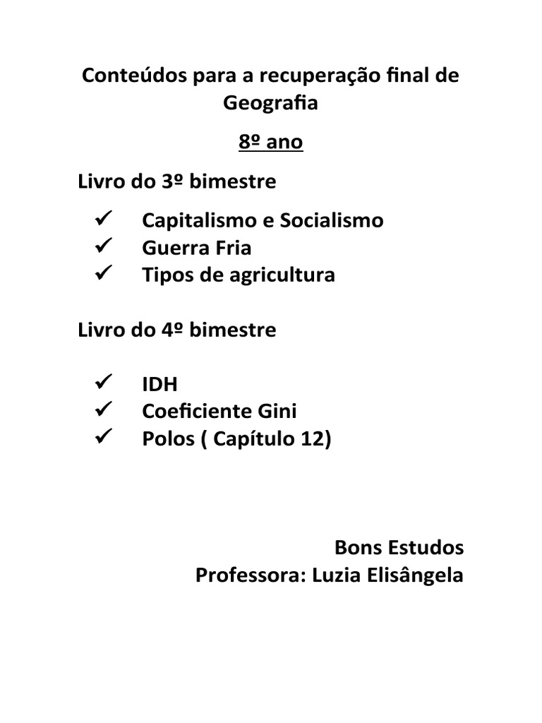 Conteúdos para A Recuperação Final de Geografia - 8 Ano 2021 | PDF