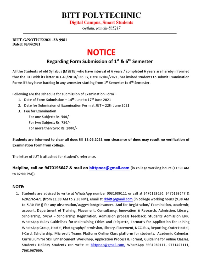 BITT Polytechnic Exam Form Submission Notice | PDF | Academic Term