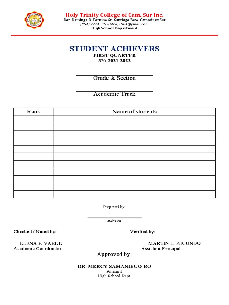 Student Achievers: - Grade & Section - Academic Track Rank Name of ...