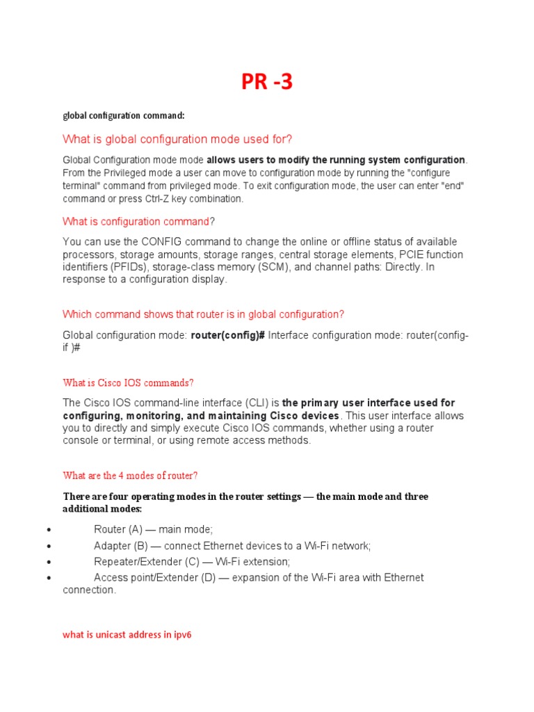 What Is Global Configuration Mode Used For? PDF Routing Router