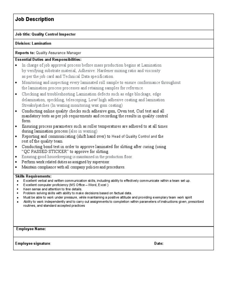 Lamination Job Responsibilities PDF