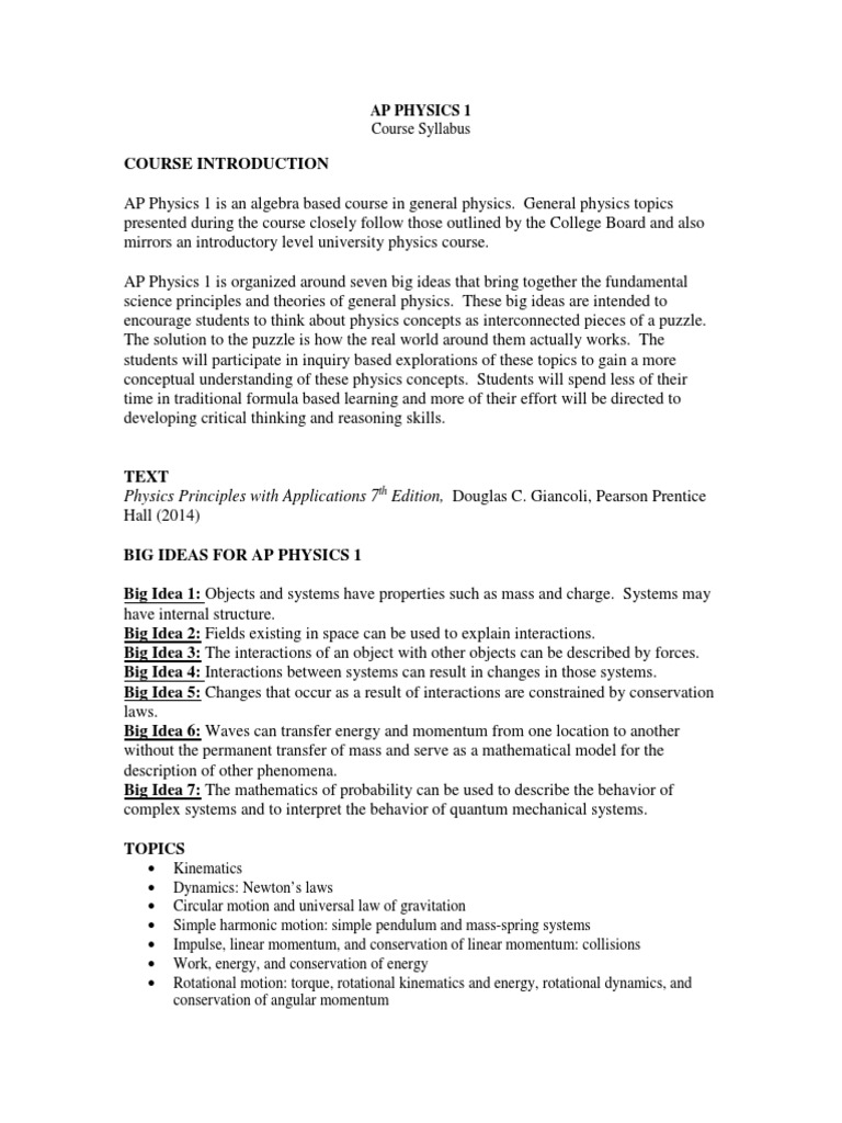 AP Physics 1 Course Overview and Syllabus | PDF | Velocity | Acceleration