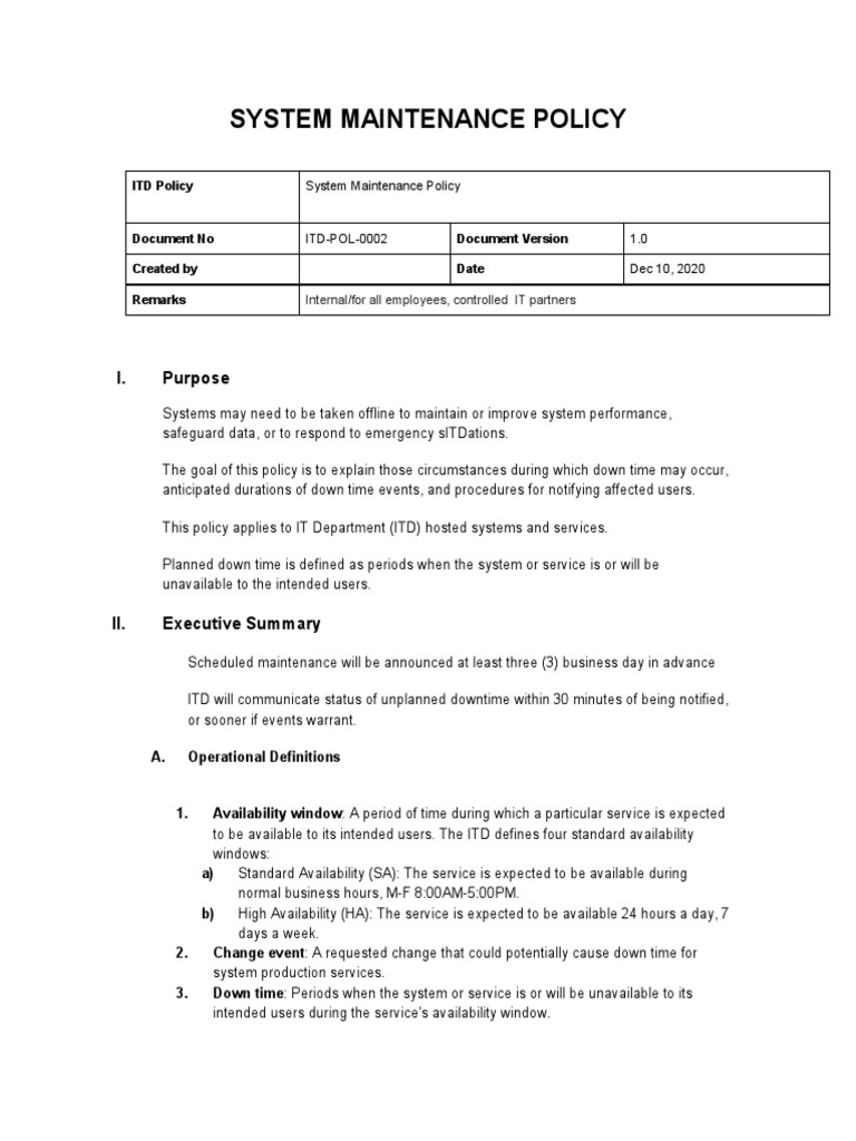 System Maintenance Policy I. Purpose PDF Computing Information Technology