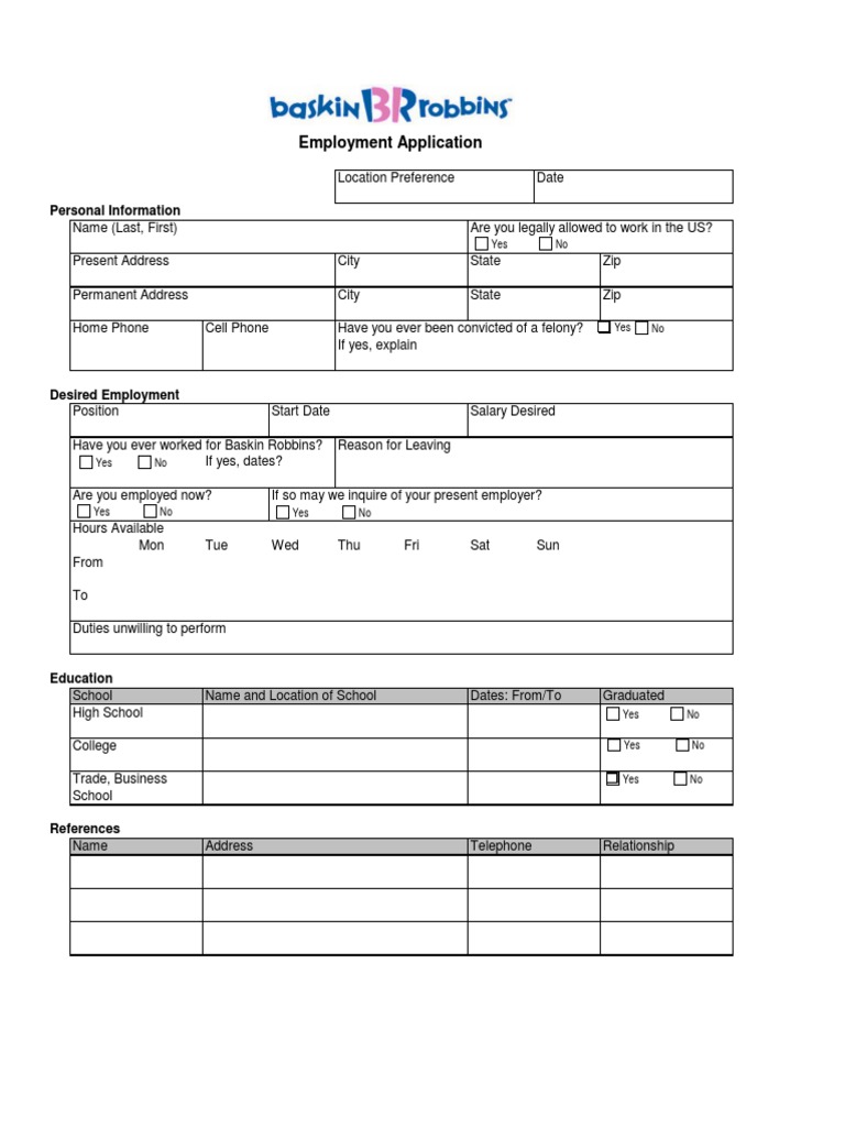 Baskin Robbins Job Application PDF Employment