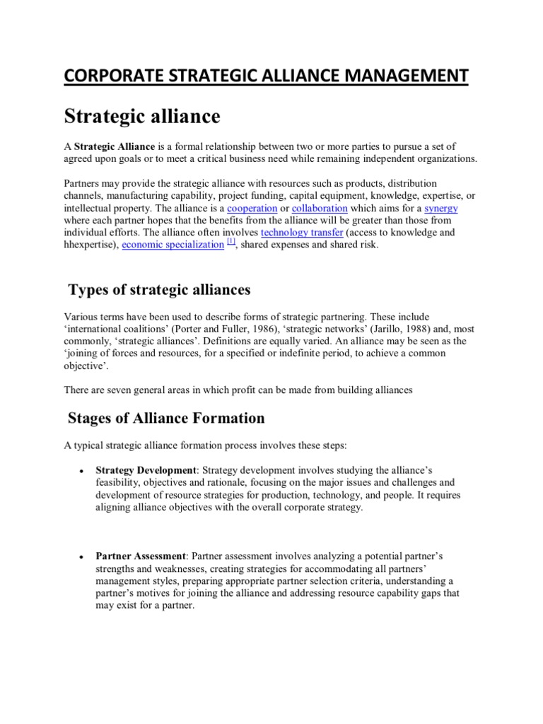 Corporate Strategic Alliance Management Pdf Business Economies