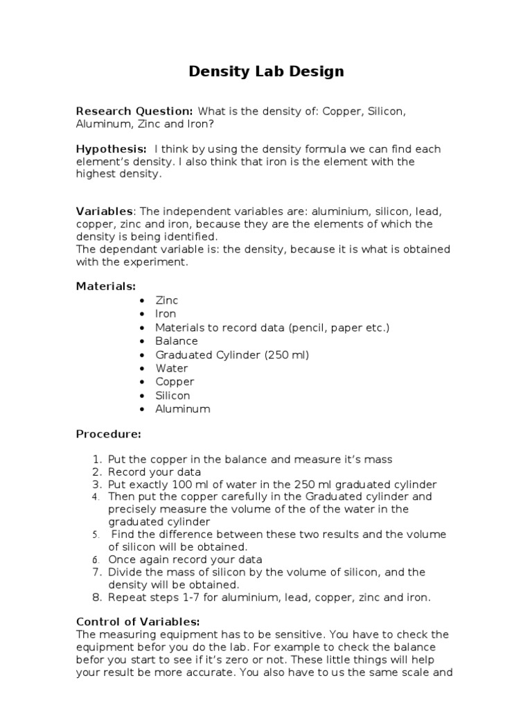 Density Lab Design | PDF | Density | Experiment