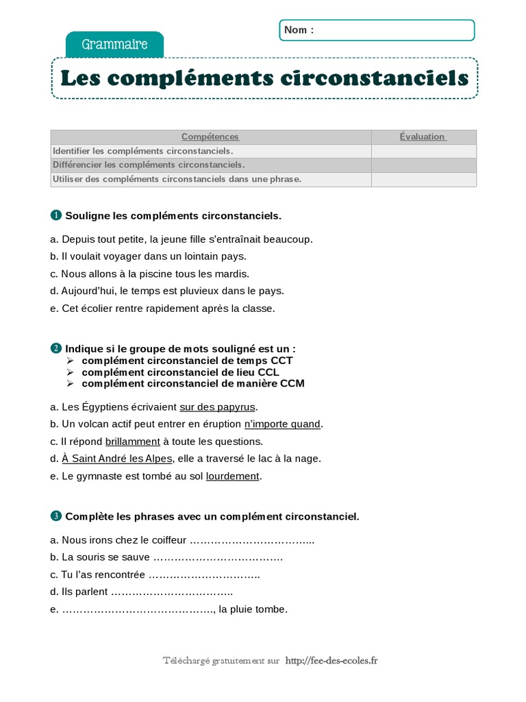 Exercice Complément De Phrase Cm1 Evaluation Complements Circonstanciels | PDF