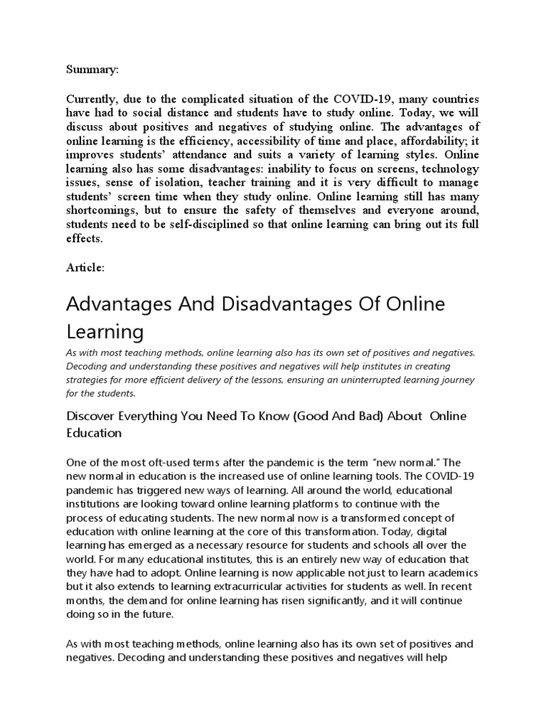 Advantages and Disadvantages of Online Learning | PDF | Educational ...