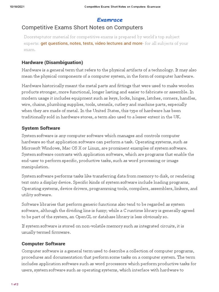 Competitive Exams Short Notes On Computers: Hardware (Disambiguation ...