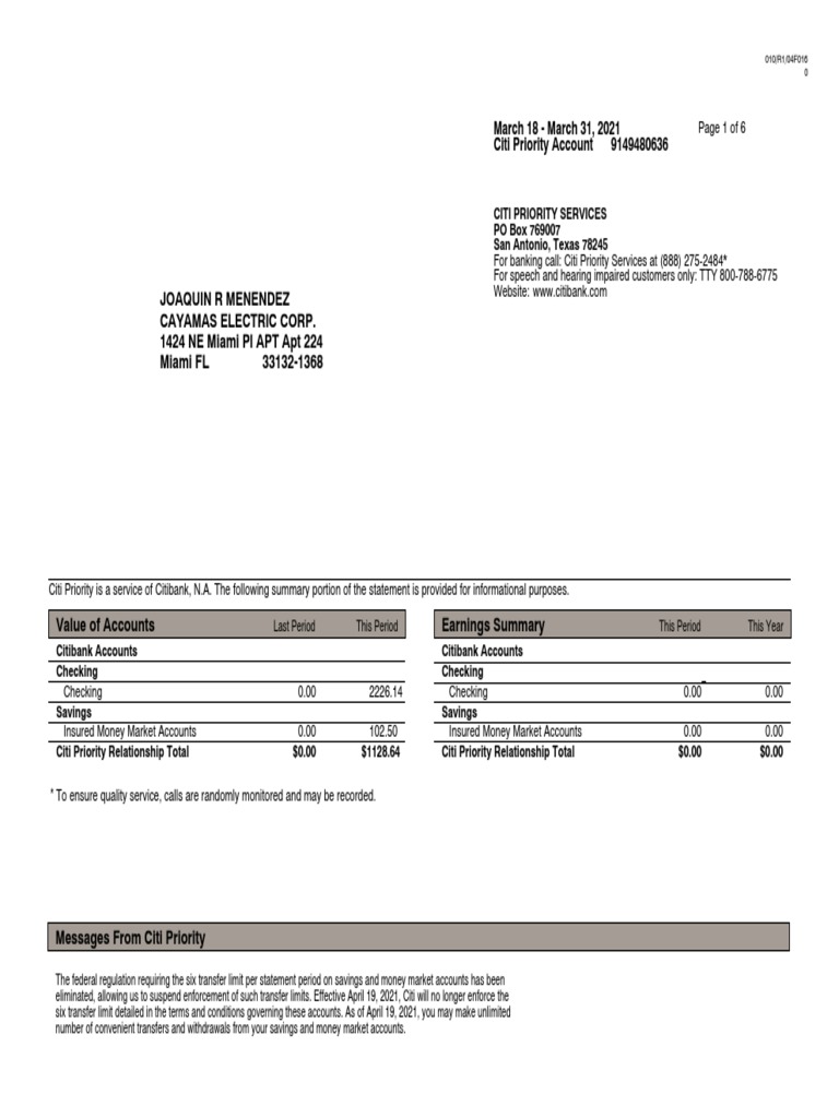 Citi Statement PDF Transaction Account Interest