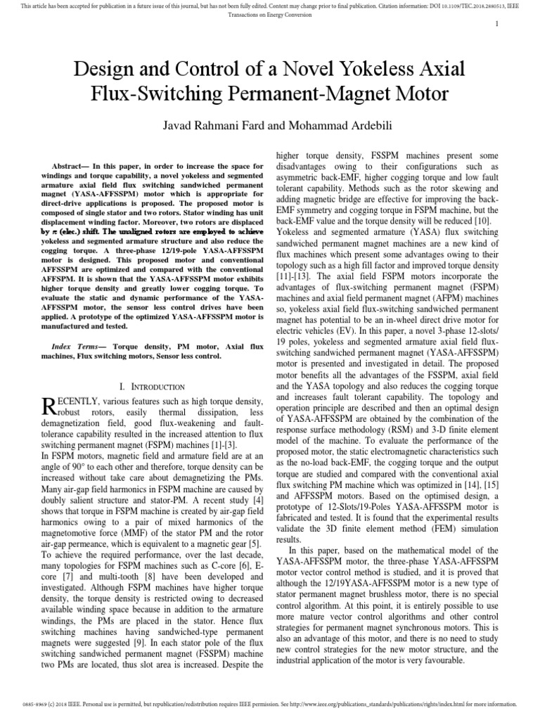 Design and Control of A Novel Yokeless Axial FluxSwitching Permanent