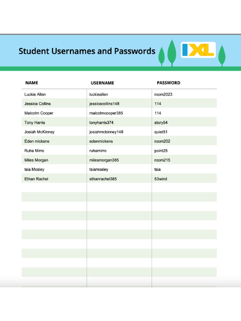 Ixl Usernames Passwords PDF