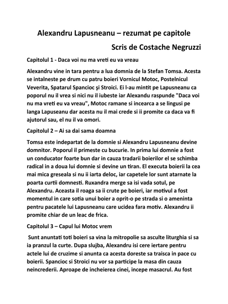 Print Si Cersetor Rezumat Pe Capitole Alexandru Lapusneanu - Rezumat Pe Capitole | PDF