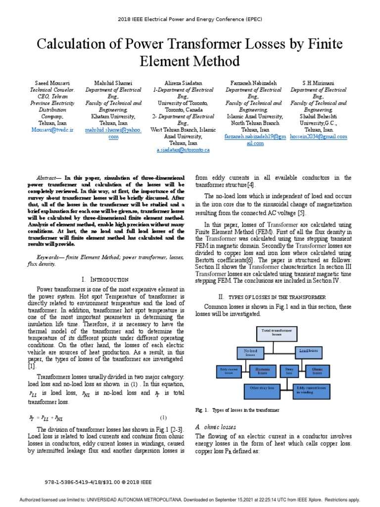 Calculation of Power Transformer Losses by Finite Element Method PDF Transformer Electric