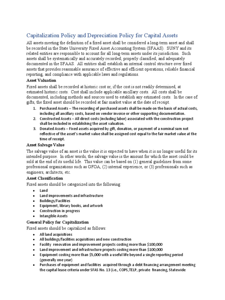 Capitalization Policy and Depreciation Policy For Capital Assets PDF